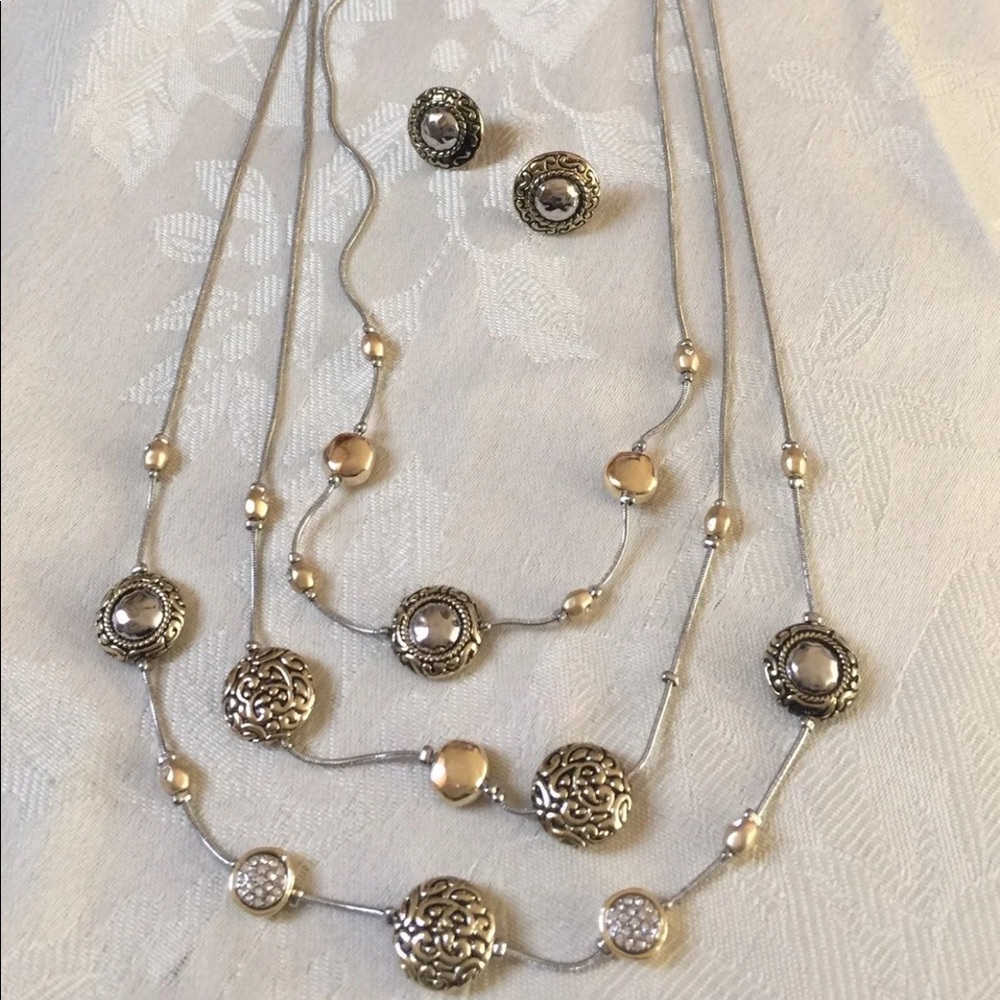 CHICO’S Signed 2 Tone Rhinestone Necklace & Earring Set
